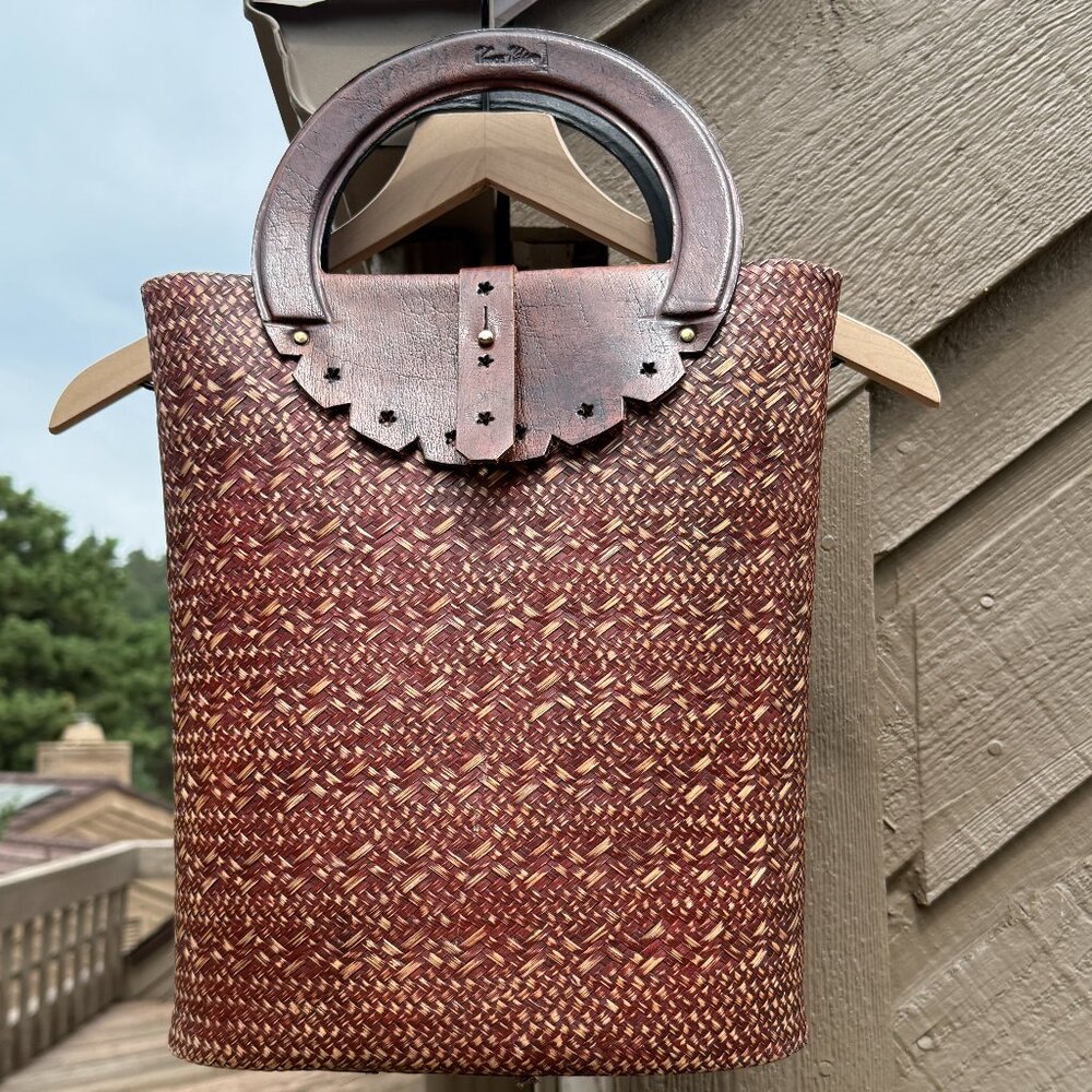 RARE Vintage Vance Kitira Large Bamboo Weave Bag with Leather Handles